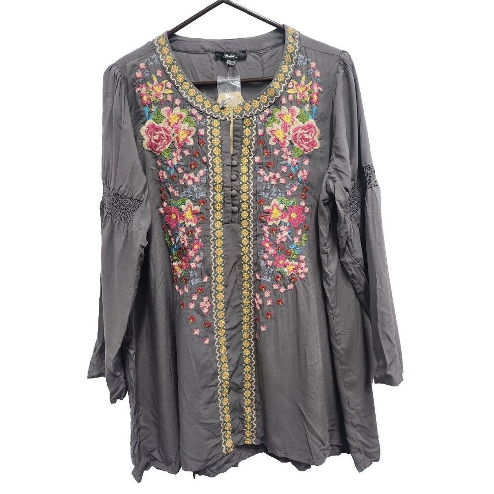 ANDREE BY UNIT Charcoal Blouse with Floral Embroidery
